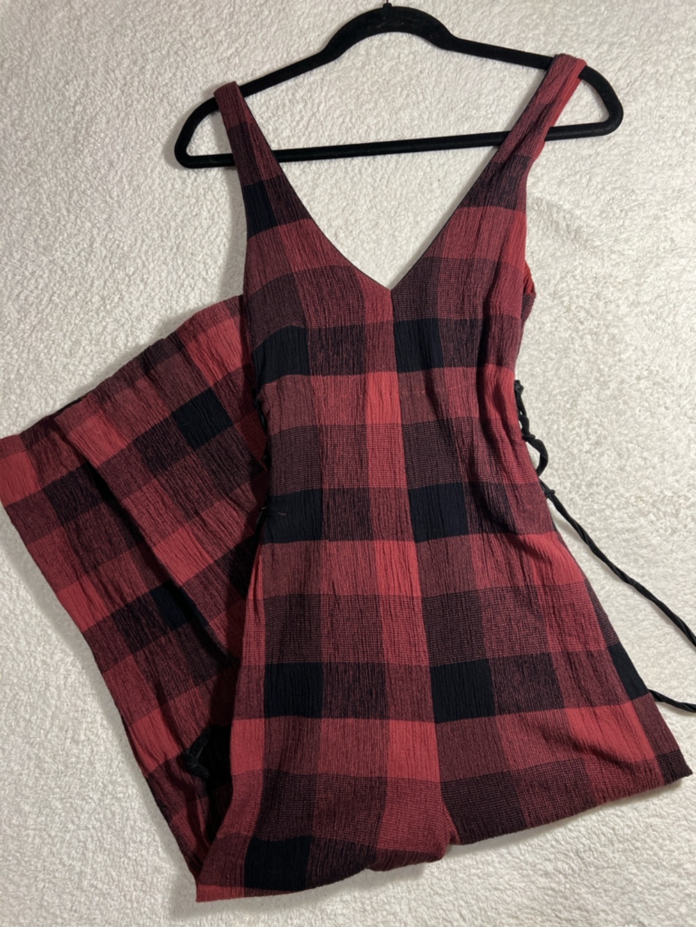 Anthropologie Burgundy and Black Lace-Trim Jumpsuit